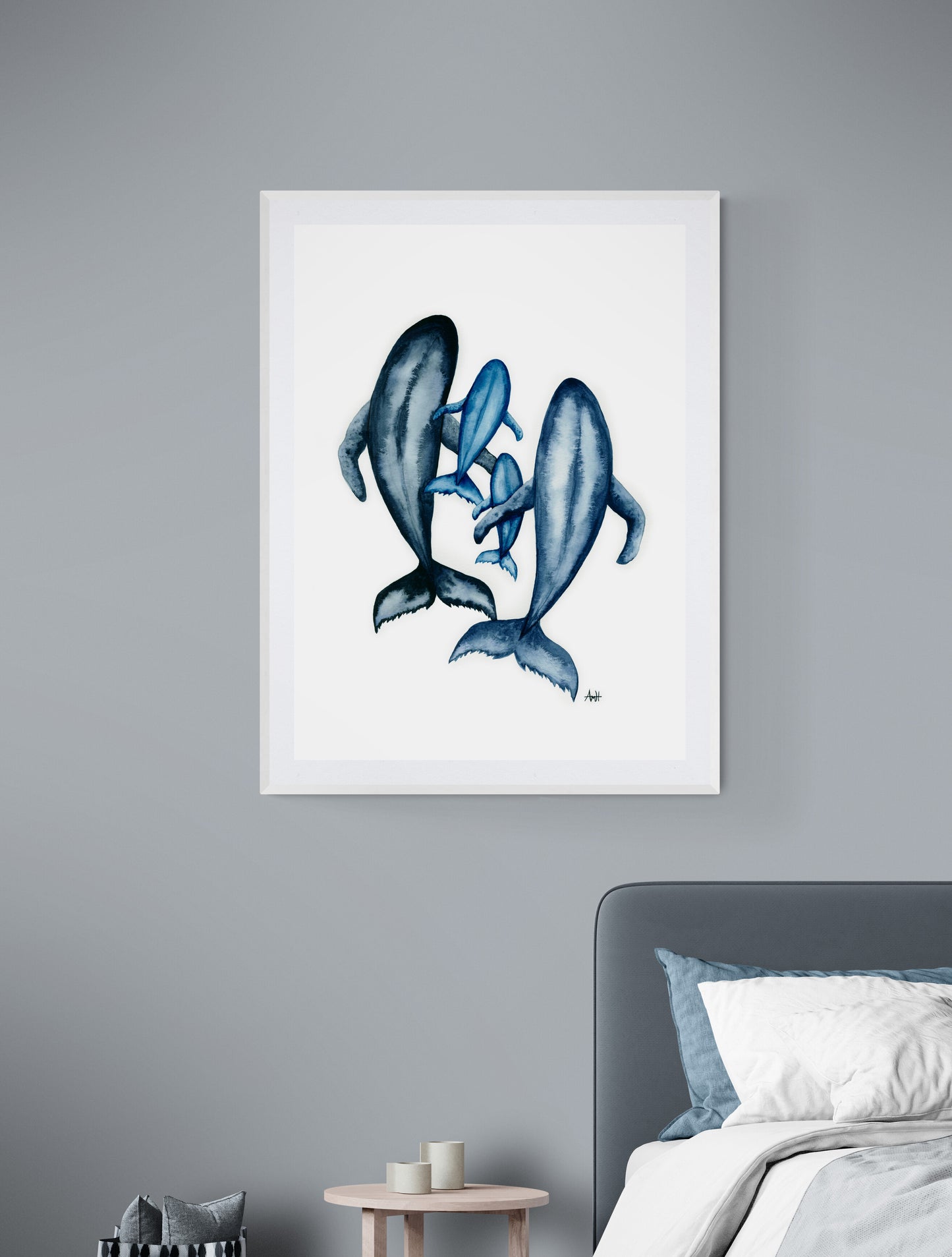 "All Whales Together" Watercolour Four Whale Pod Family - Fine Art Print