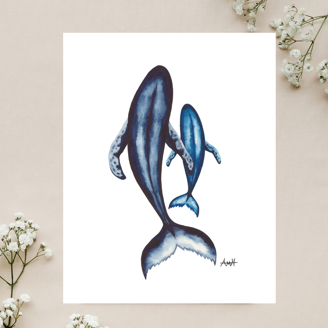 "You and Me" Watercolour Whale Pod Print - Mother and Calf